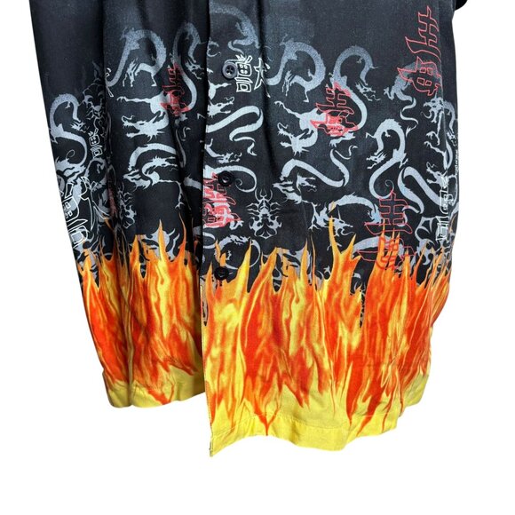 Vintage 90s Button Up Short Sleeve Club Shirt 2XLT Black Flames Dragon Pocket - Picture 3 of 7